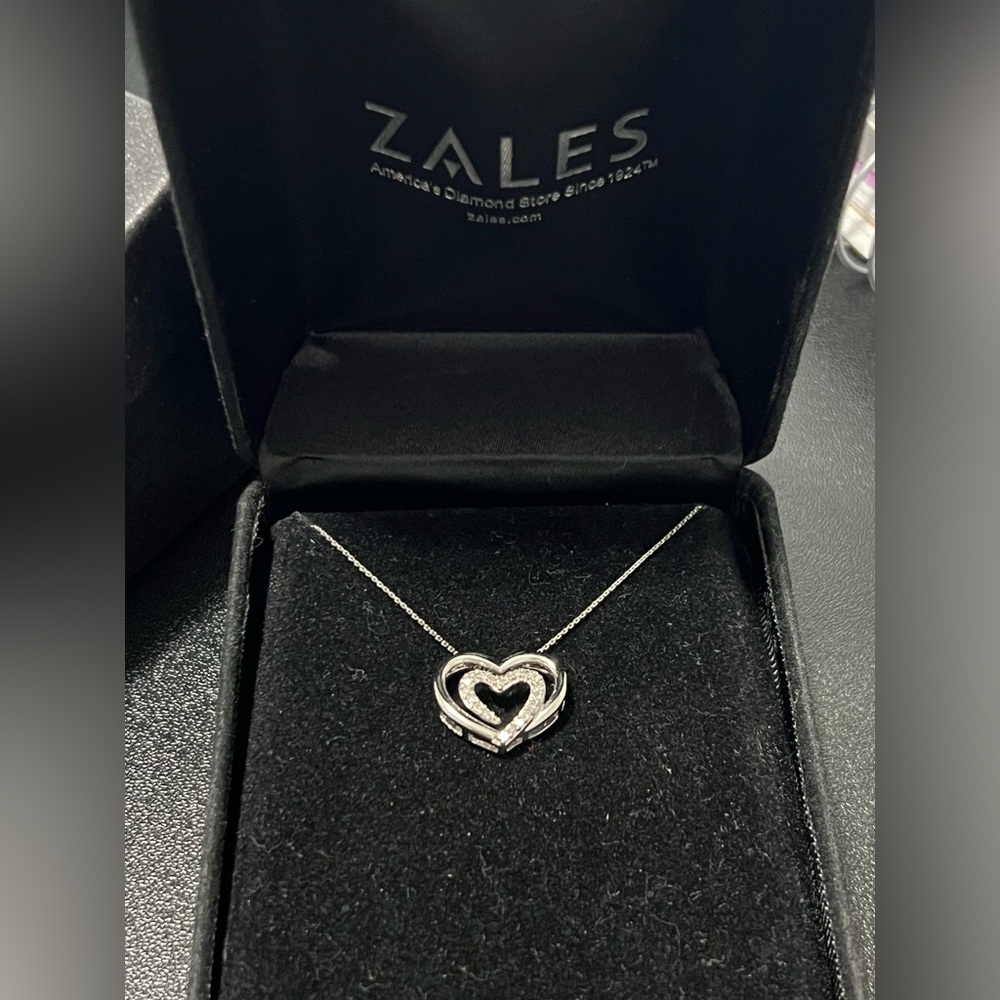 Zales Shared Heart Diamond and White Gold Necklace